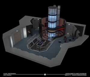 Within this room, everything appears to be a standard Starfleet engineering compartment, but it is actually offset from the ship's normal orientation by 90 degrees, and the warp core is in the 'ceiling' of the room.